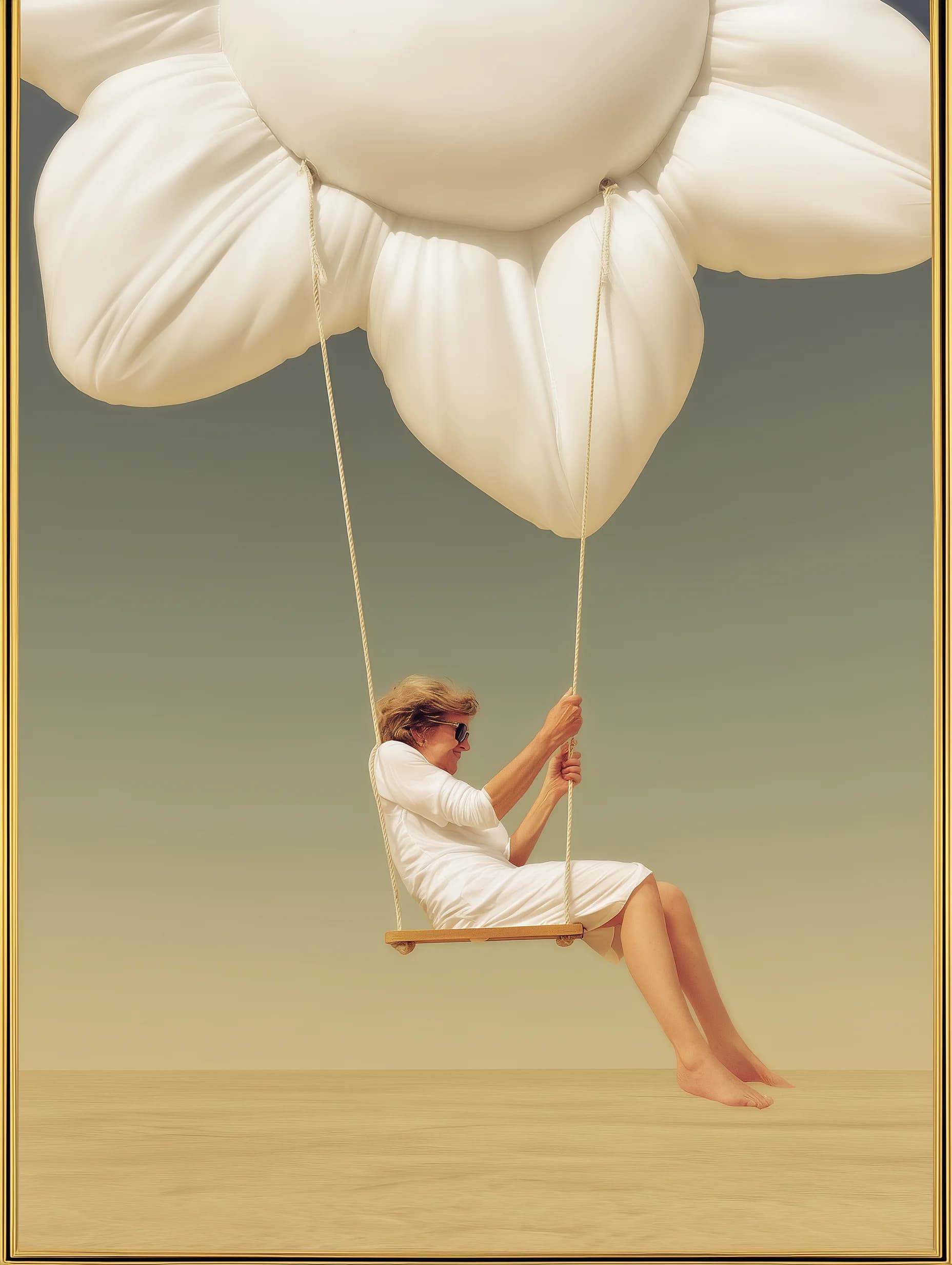 A figure on a swing beneath a cloud of petals