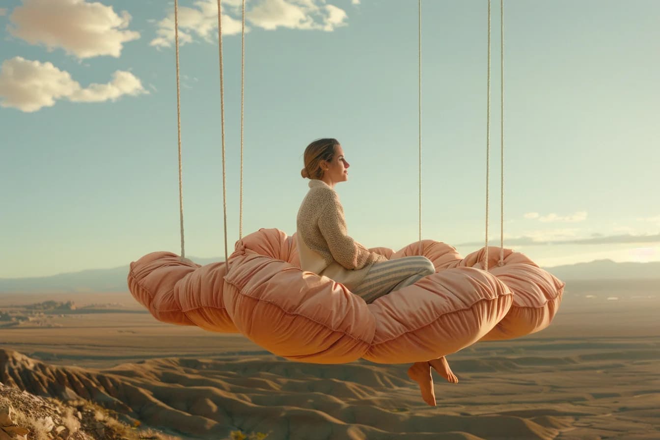 A figure adrift on a soft cloud above the desert