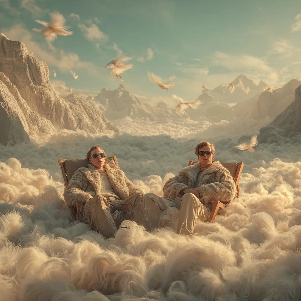 Figures reclining on a sea of clouds beneath a vast sky