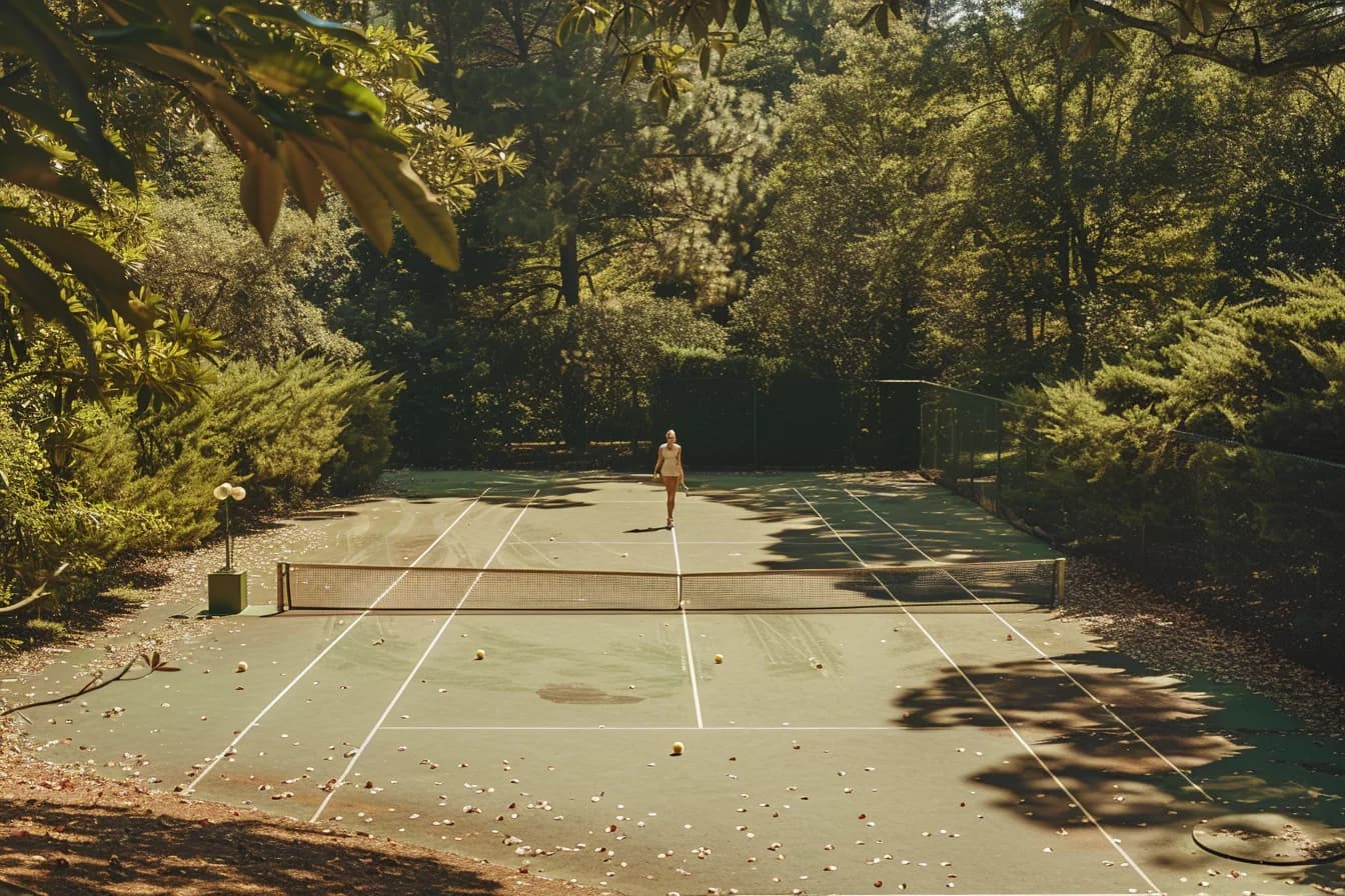 A tennis court in a sunlit clearing