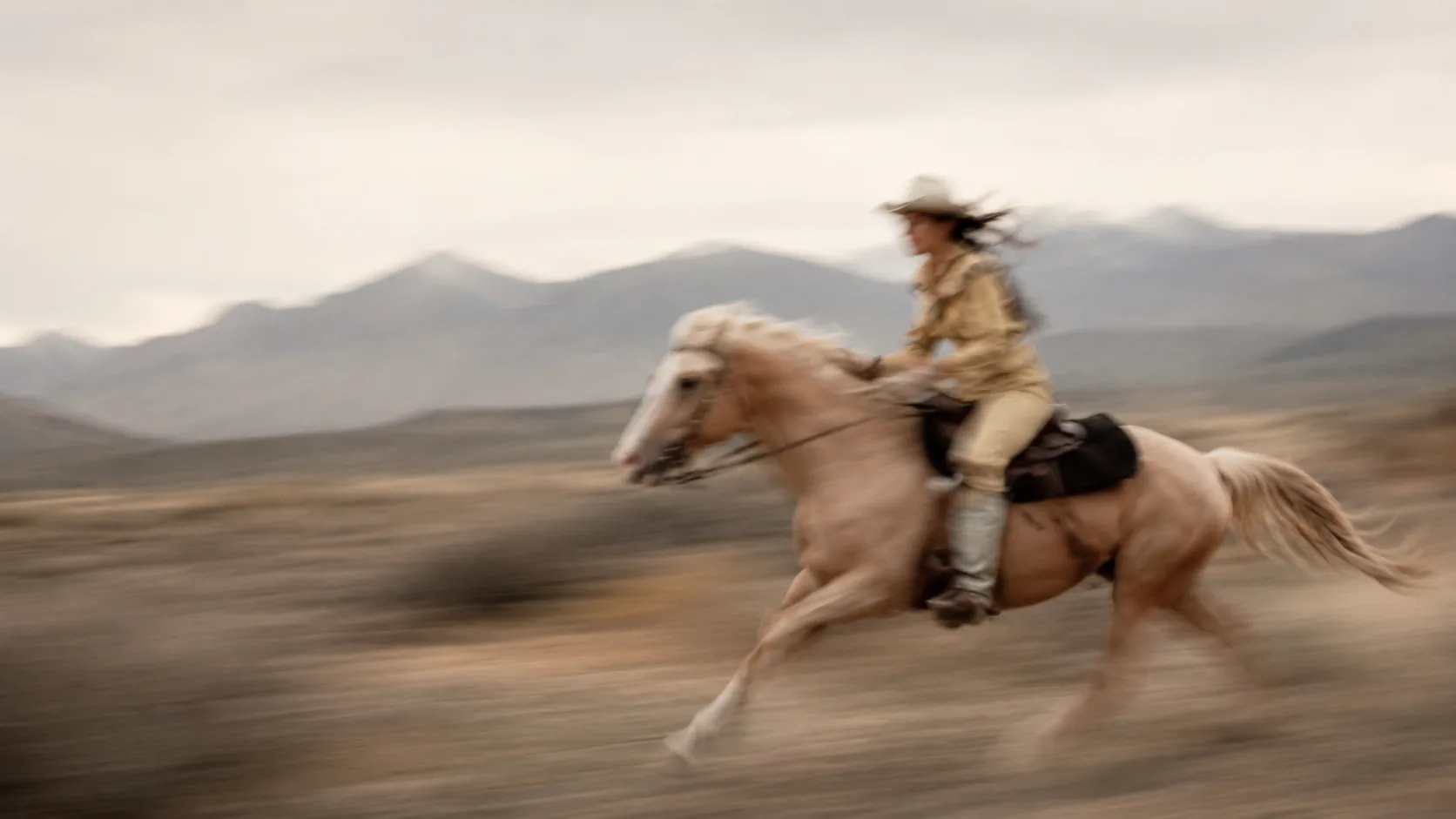 A rider on horseback crossing an open Mongolian landscape