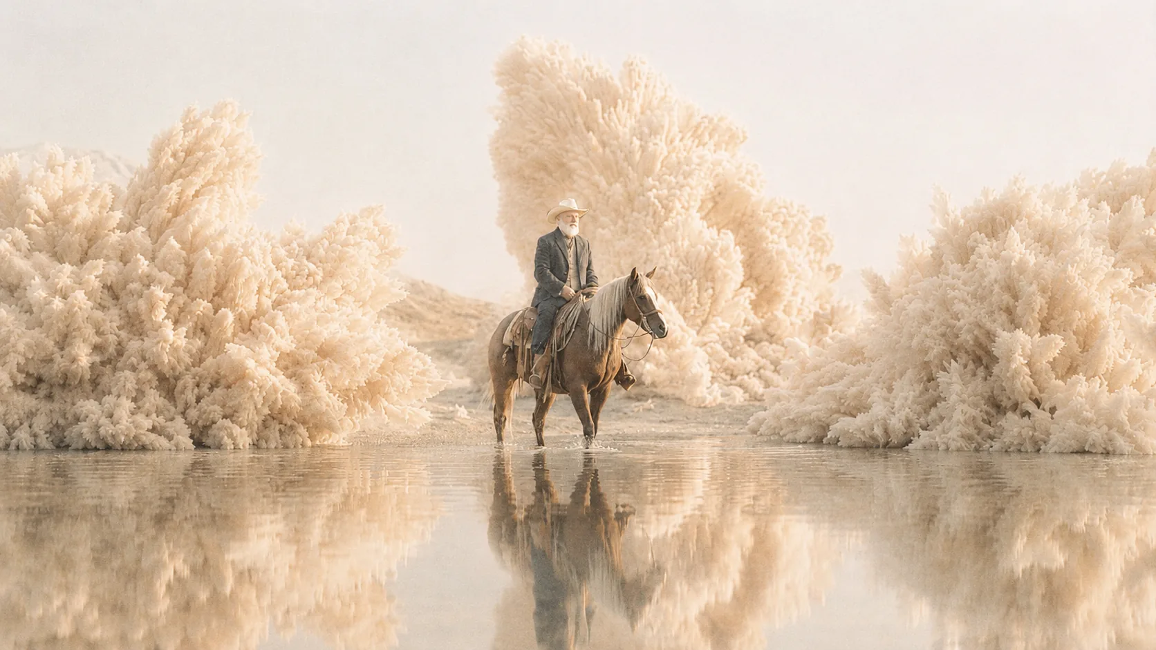 Rider on horseback crosses still water