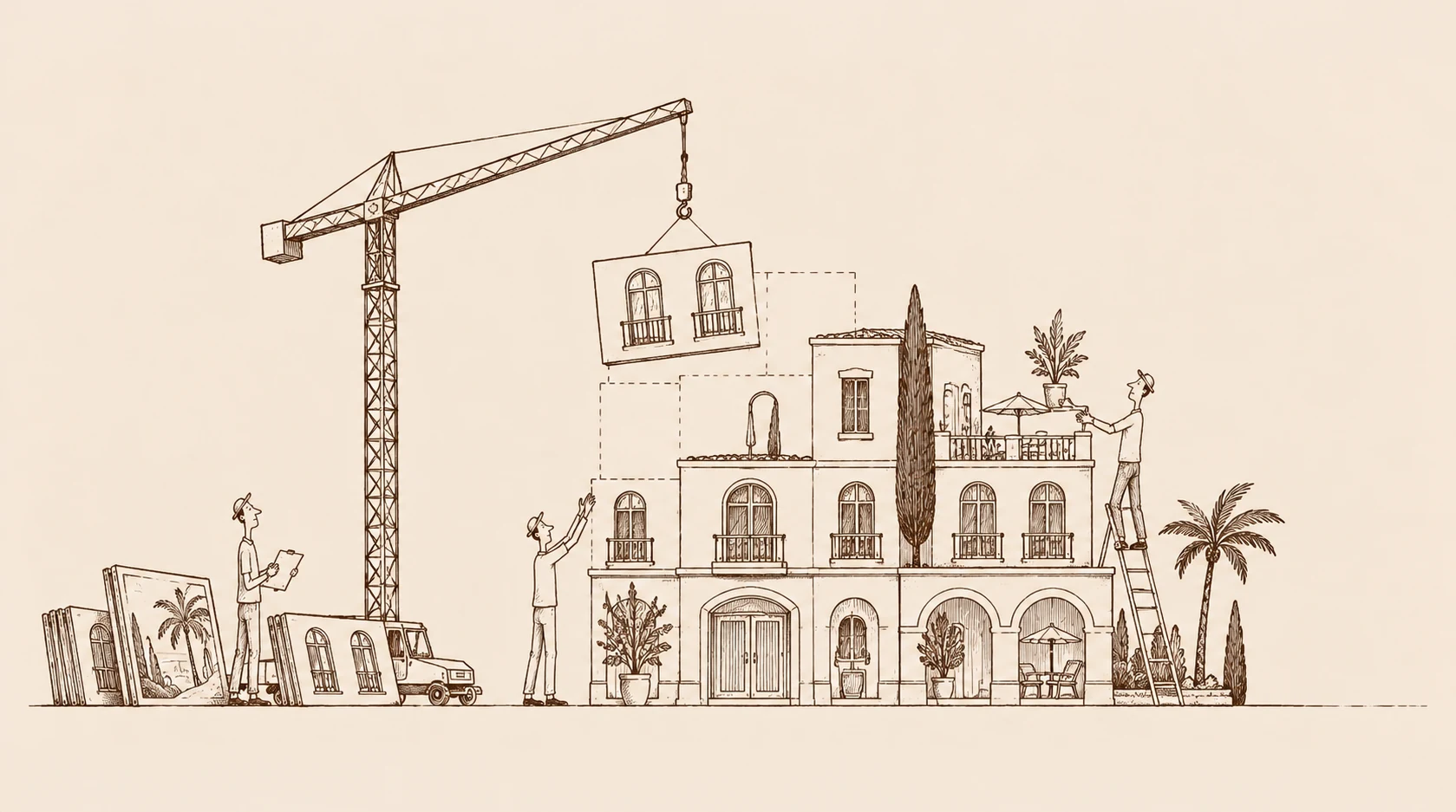 A crane lowers a wall section into place on a hotel under construction, while workers check plans, signal the crane and set potted plants on the terrace
