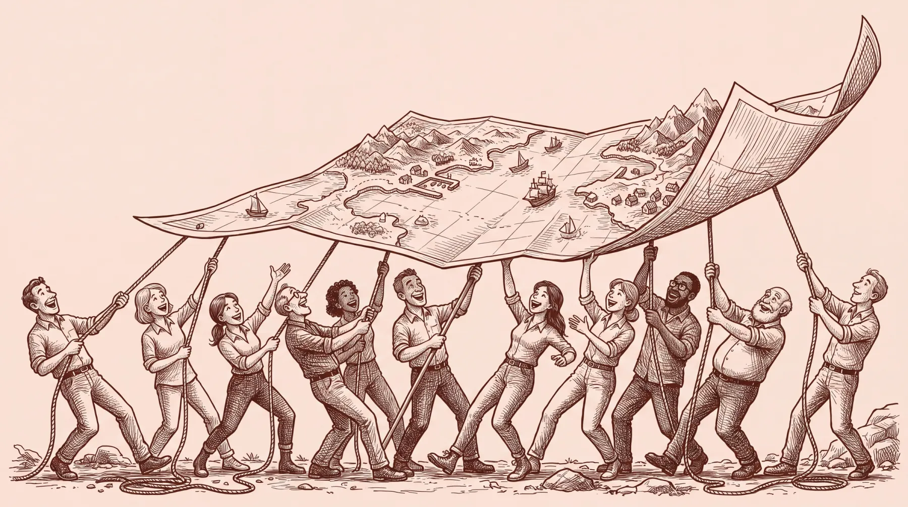 A team of colleagues hauling together on ropes to raise an enormous map, the world on it rising into view