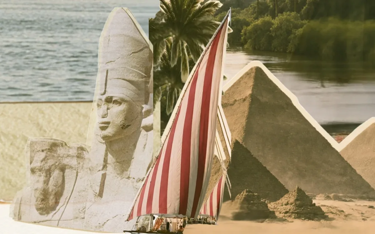 Collage of the Nile with a red and white striped dahabiya sail, a pharaoh head and pyramids