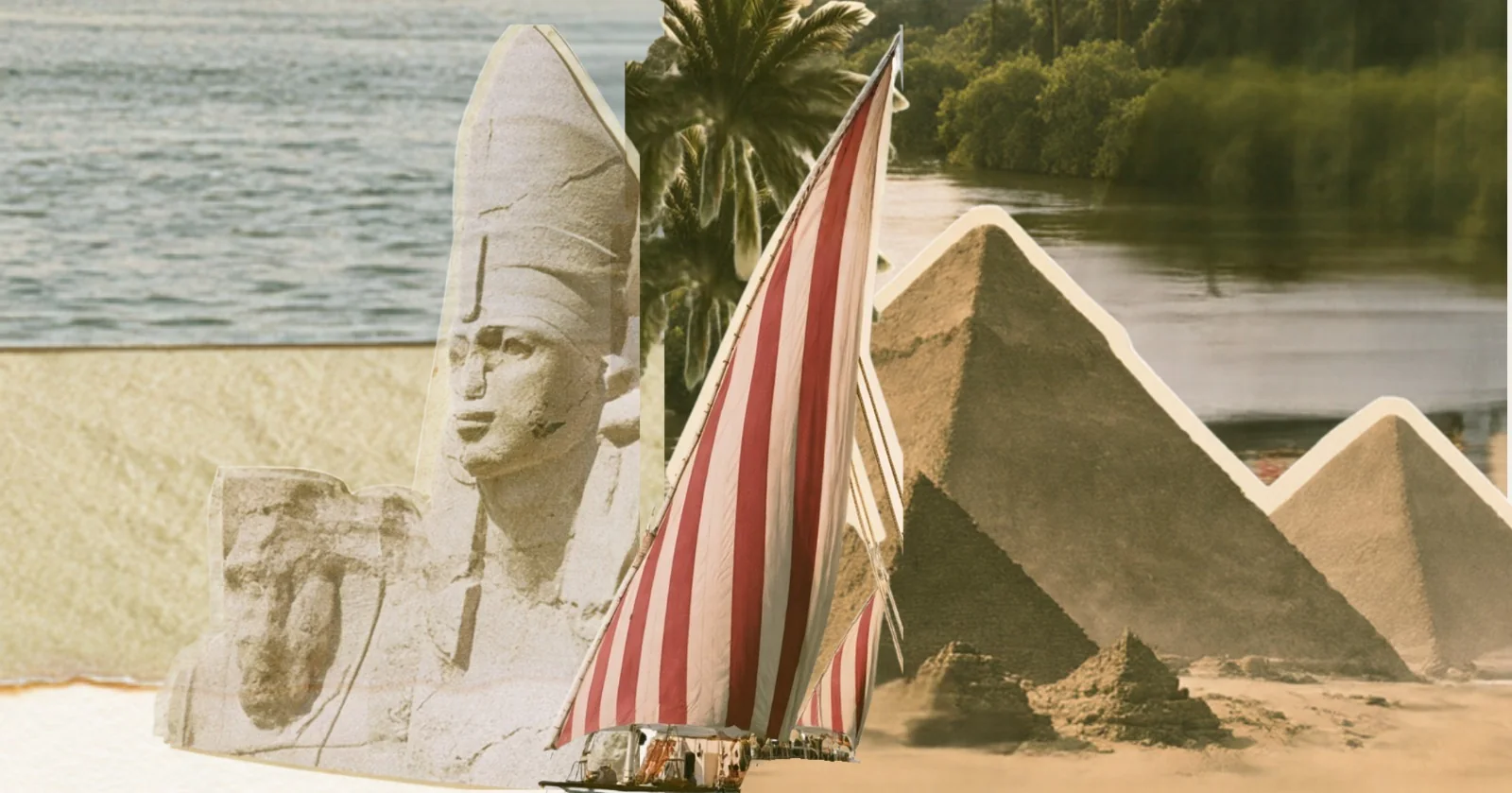 Collage of the Nile: a red and white striped dahabiya sail, a sandstone pharaoh head, palms, pyramids and the river