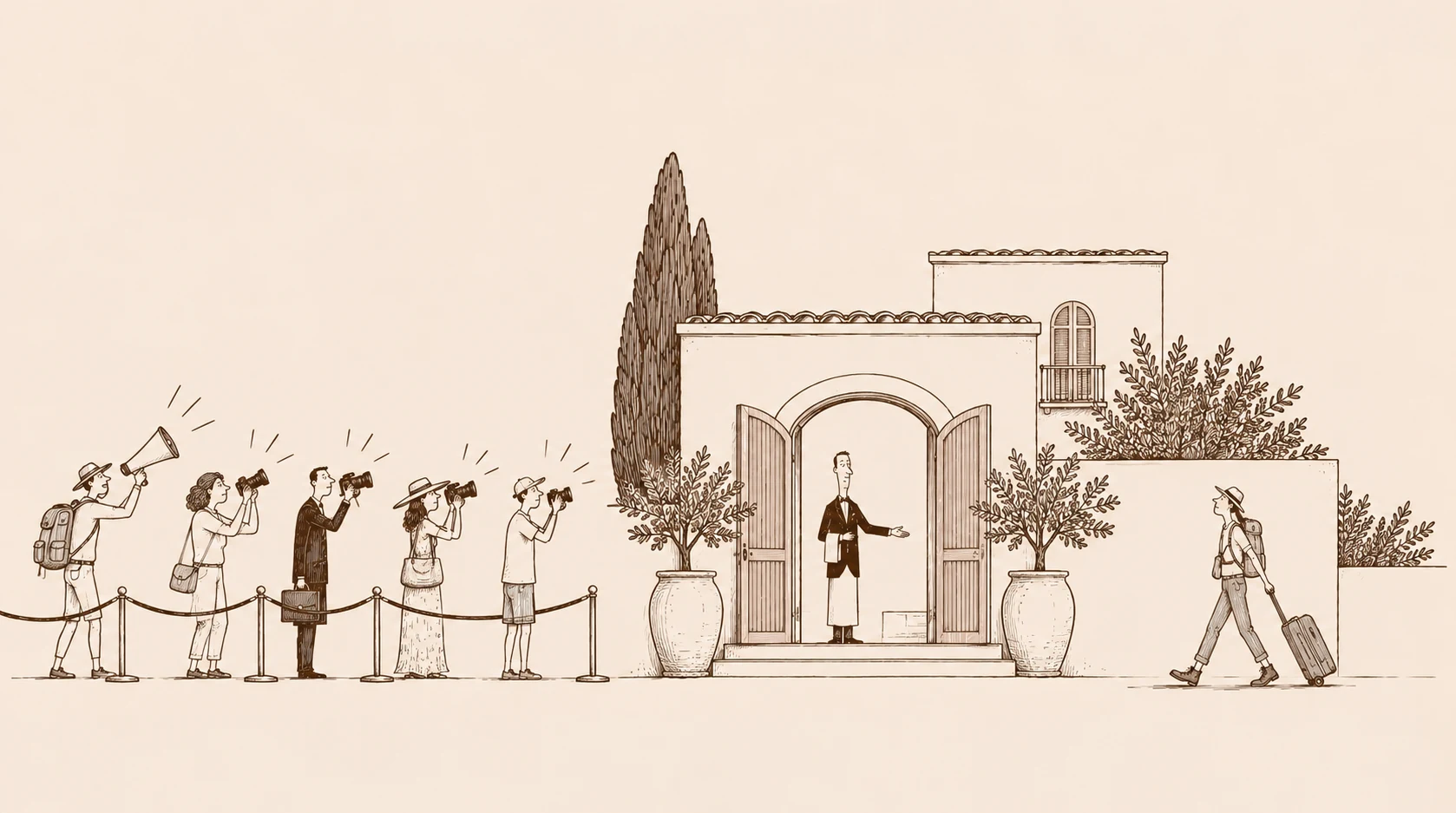 A line of people with megaphones and cameras held back by a rope, while a concierge at a villa's arched door welcomes a single traveler arriving with a suitcase