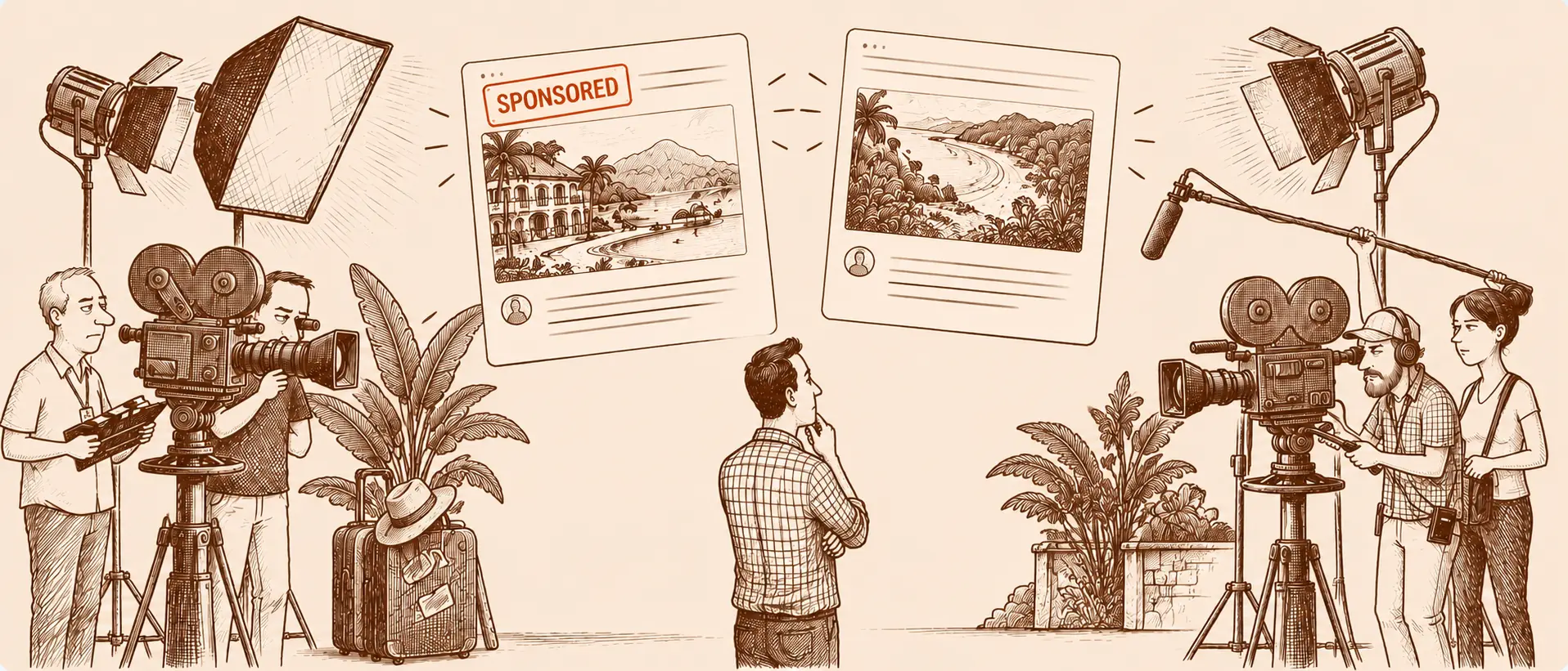 A traveler weighs two travel articles floating side by side, one stamped Sponsored and one without a label, while film crews light and record each of them