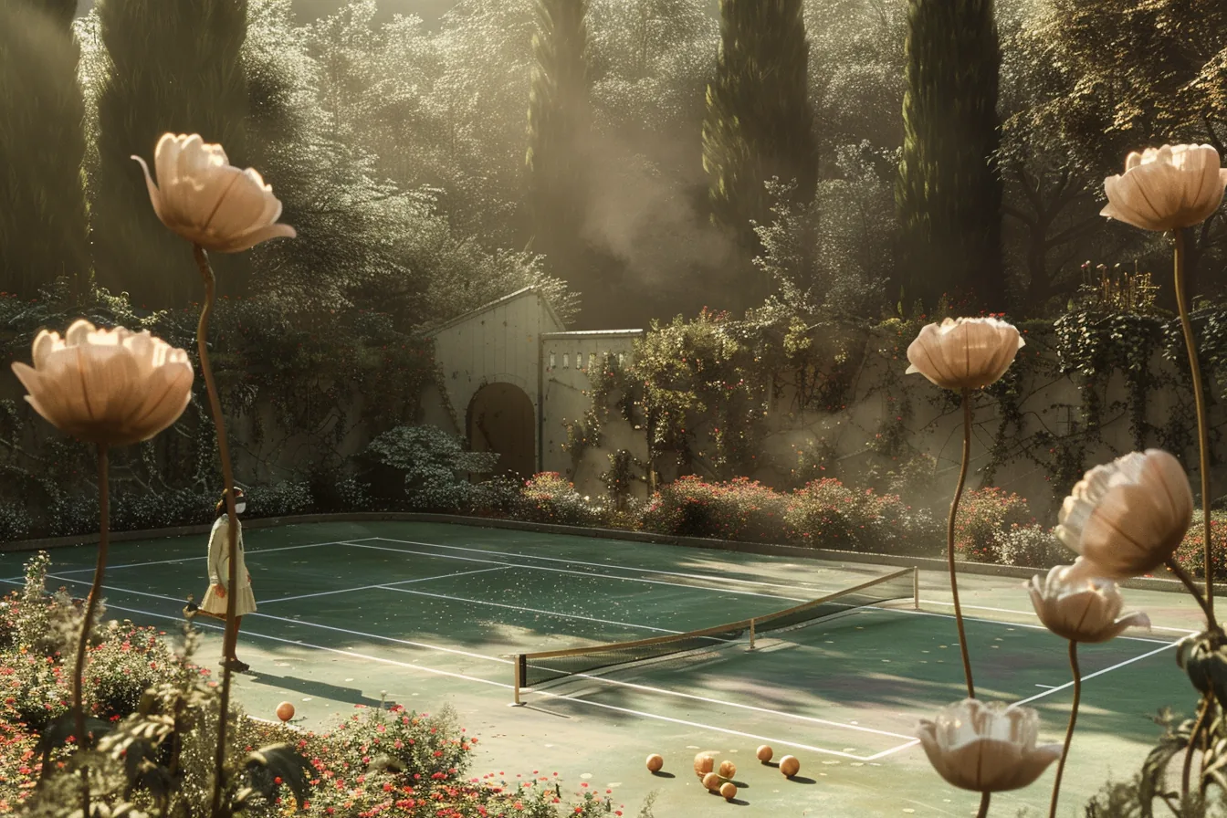 A lone player crosses a flower-lined tennis court